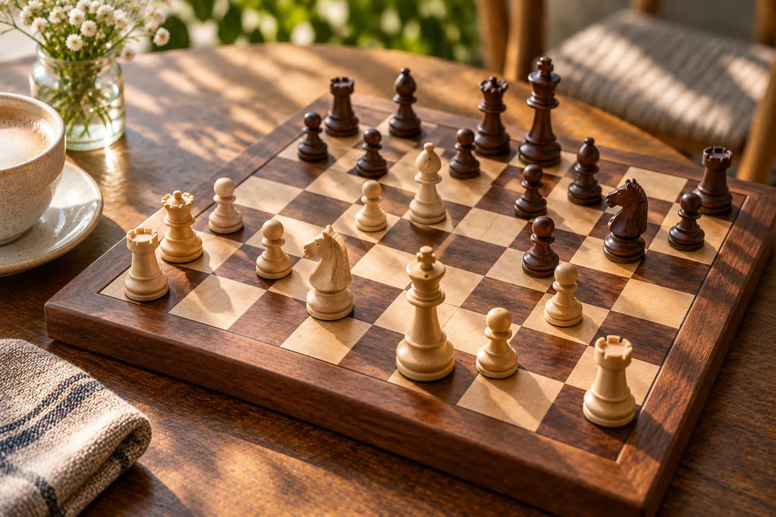 Classic wooden chess pieces on a chessboard in warm afternoon light.
