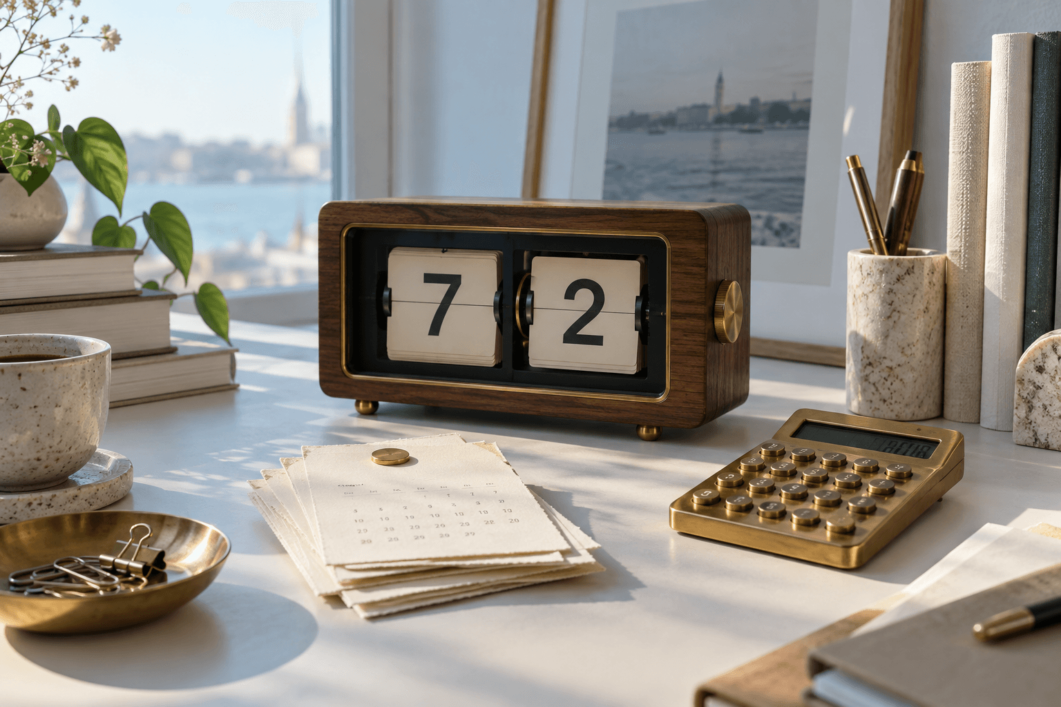 A vintage flip clock, calendar cards, and calculator on a pale desk.