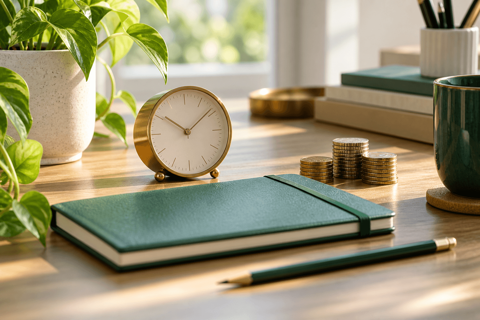 A desk clock, coins, and green ledger notebook on a tidy workspace.