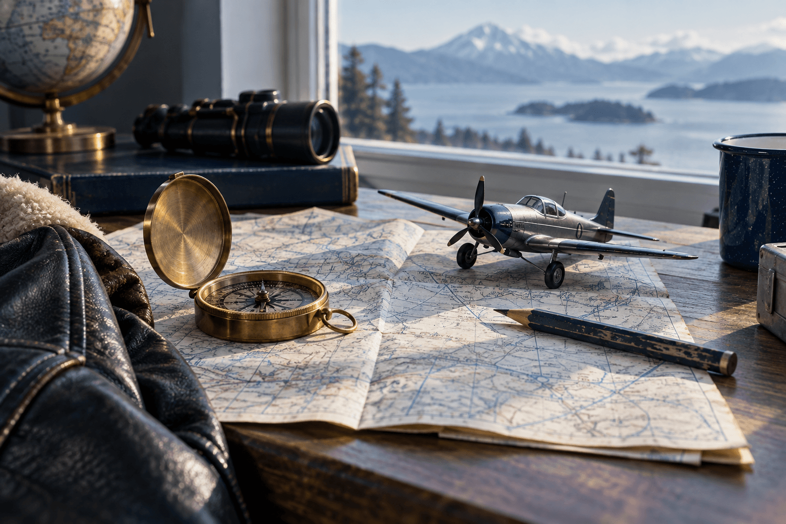 An aviator's desk with a compass, flight chart, and model airplane.