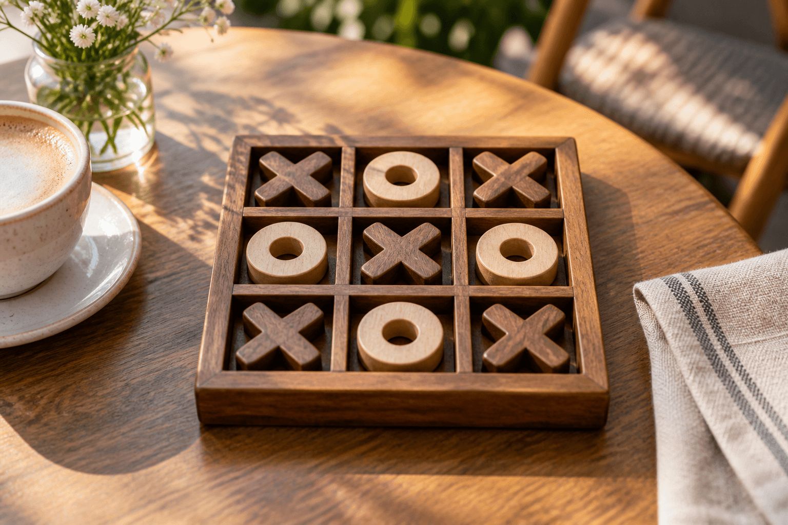 A wooden Tic-Tac-Toe board on a sunlit cafe table.