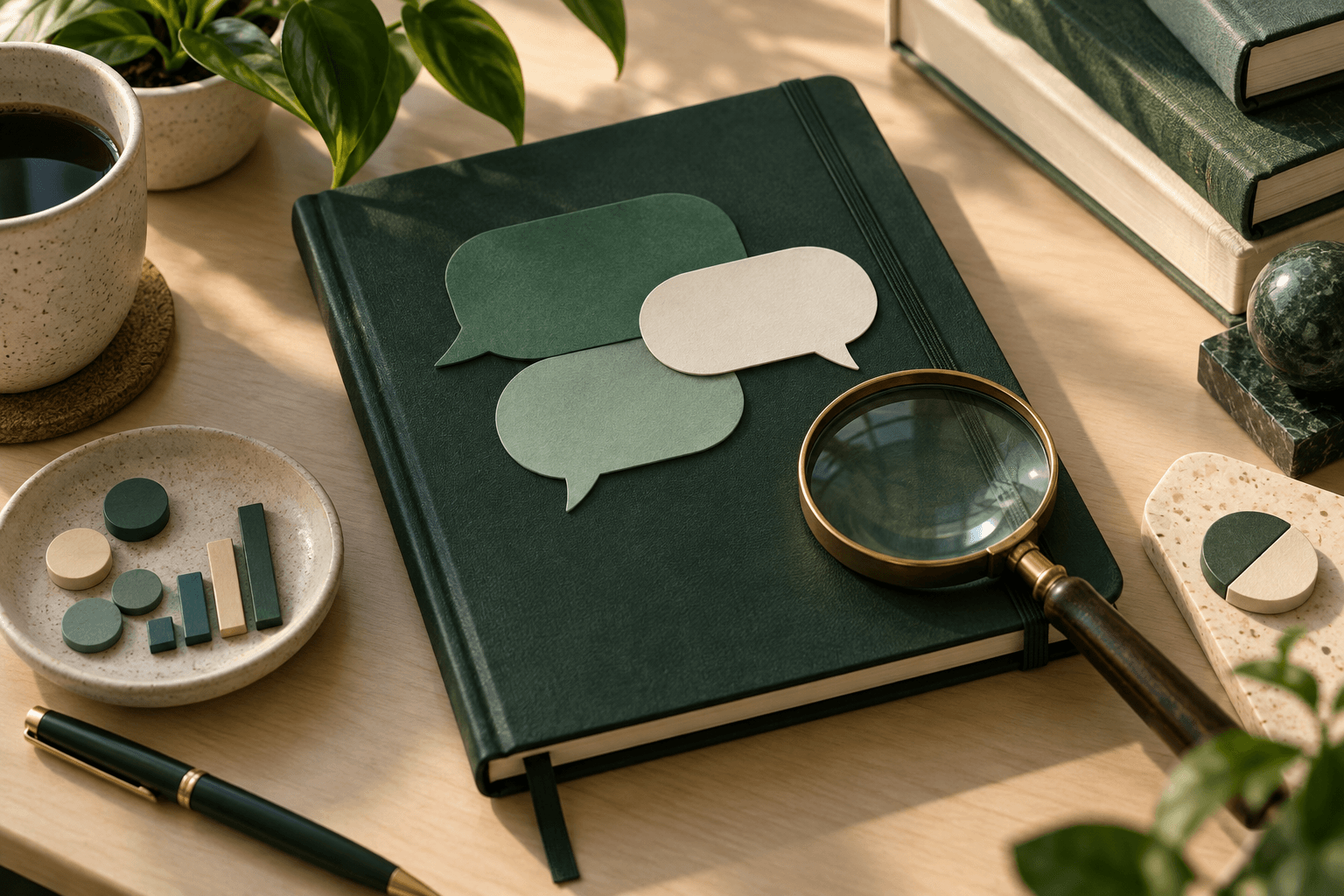 Abstract conversation and chart tokens arranged with a magnifying glass.